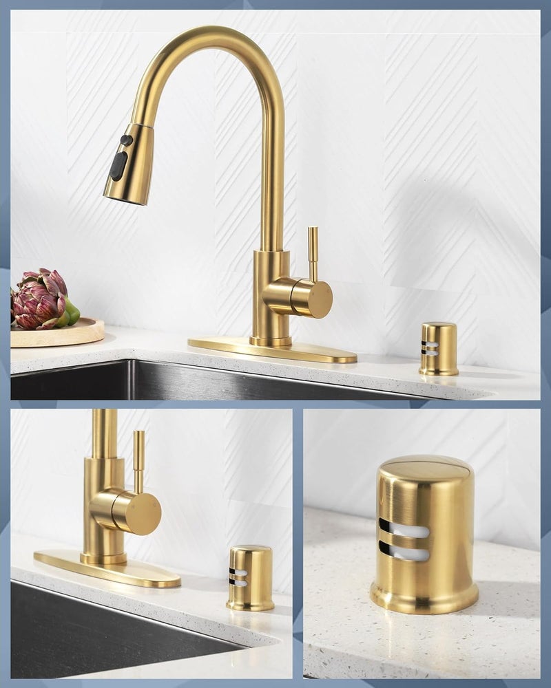 WOWOW Kitchen Faucet with Air Gap: Stainless Steel Kitchen Sink Faucet and Dishwasher Air Gap Kits for Kitchen Sink 2 or 4 Hole, Brushed Gold Kitchen Faucet Combo with Sprayer - Image 2